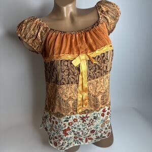 Vintage Boho Patchwork Size Small Top Puff Sleeve Floral Paisley Y2K Milkmaid